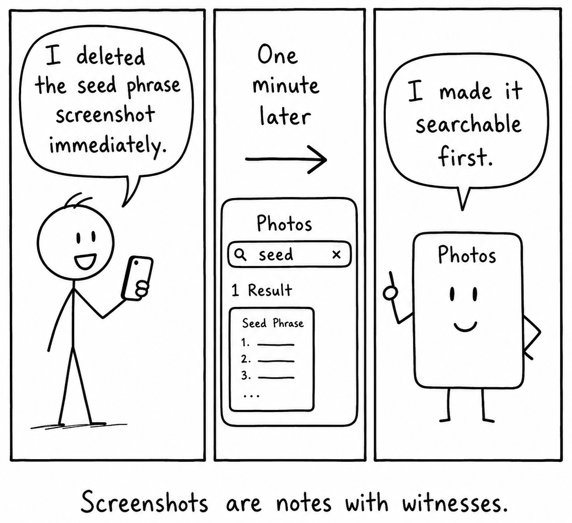 Three-panel comic titled &ldquo;I DELETED THE SCREENSHOT.&rdquo; Panel 1: a stick figure holding a phone says &ldquo;I deleted the seed phrase screenshot immediately.&rdquo; Panel 2 (labeled &ldquo;One minute later&rdquo;): the Photos app search bar with the query &ldquo;seed&rdquo; returns 1 Result - a numbered list titled &ldquo;Seed Phrase.&rdquo; Panel 3: an anthropomorphic Photos app character says &ldquo;I made it searchable first.&rdquo; Bottom caption: &ldquo;Screenshots are notes with witnesses.&rdquo;
