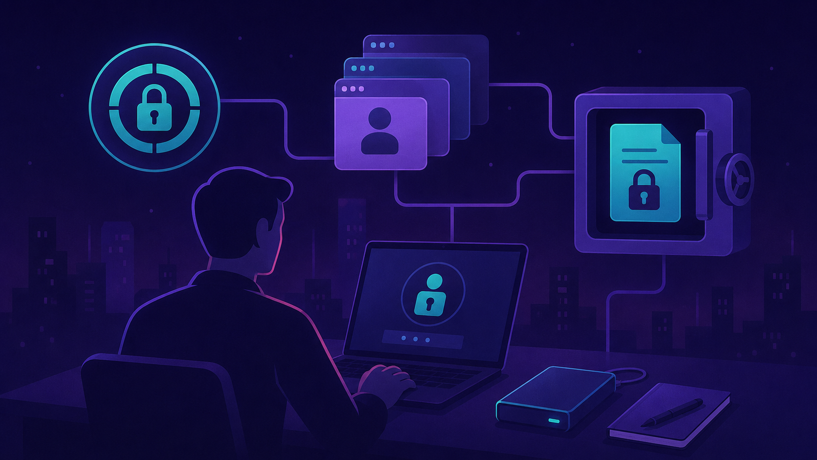 Cover illustration: a founder&rsquo;s laptop, an external SSD, and a notebook - surrounded by icons of full-disk encryption, browser profiles, and an encrypted note locked inside a vault