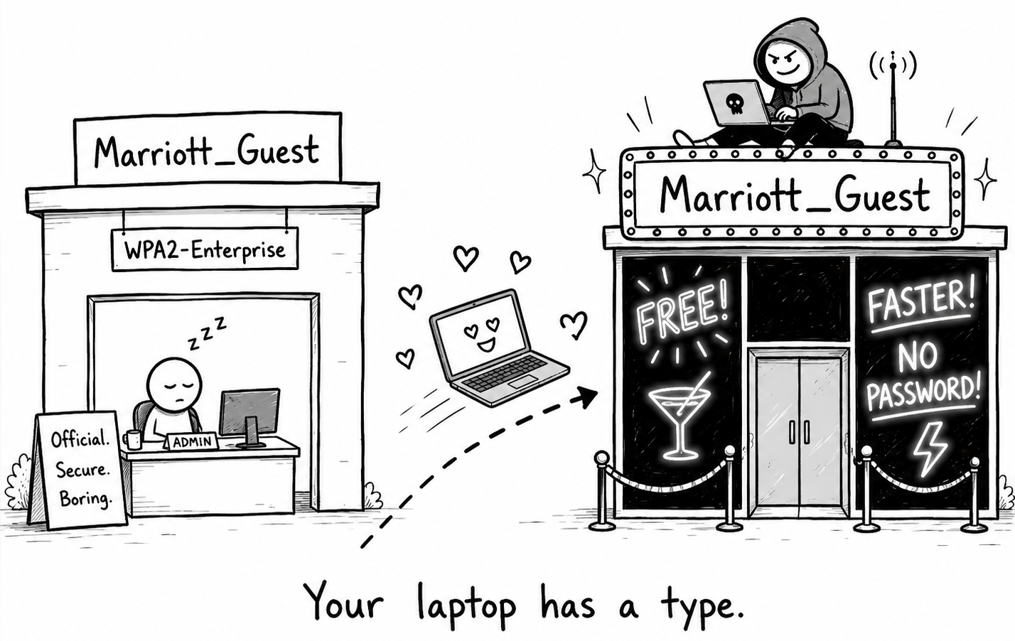 Comic: a laptop drifts toward a neon &ldquo;FREE!&rdquo; evil-twin Wi-Fi point instead of the plain real one beside it