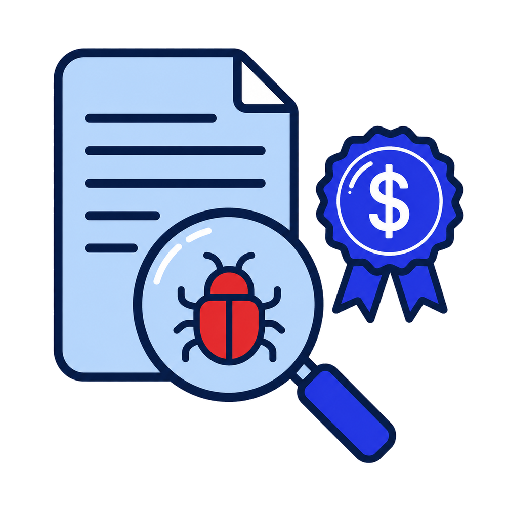 Magnifying glass over contract document with bug and bounty badge
