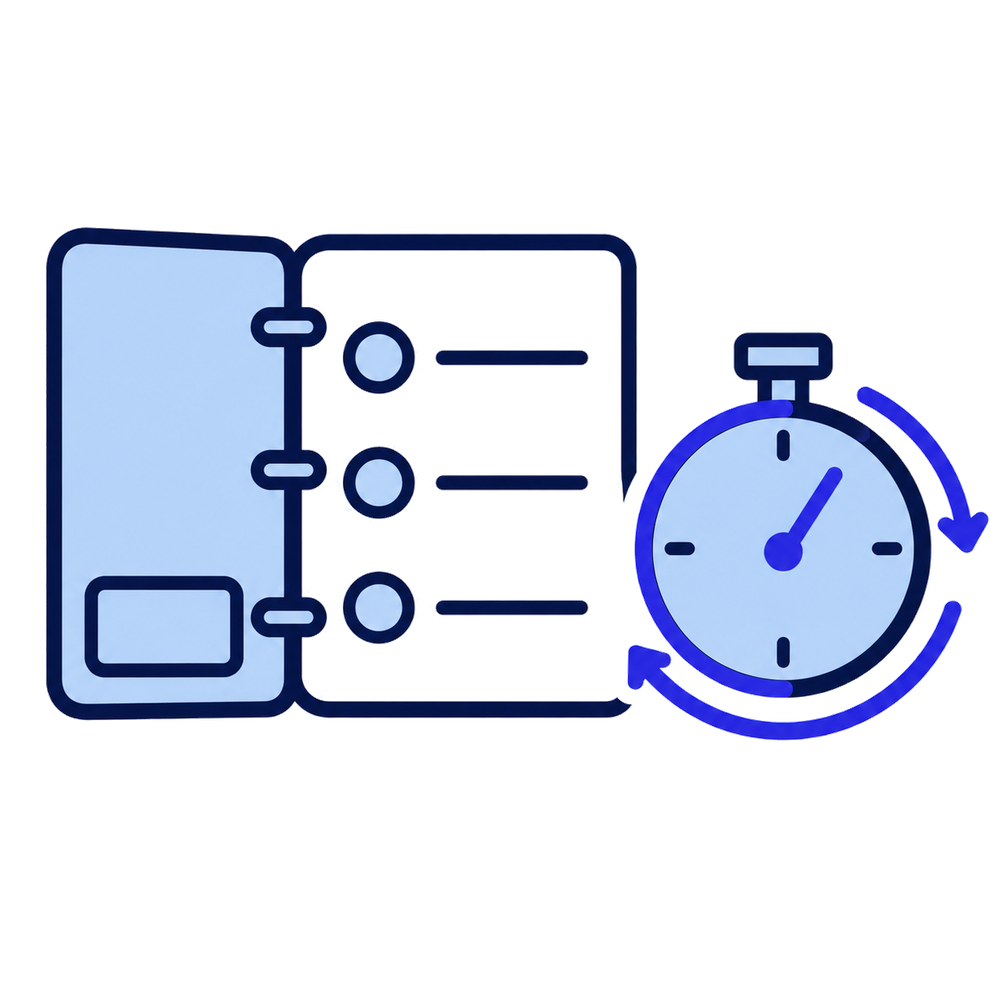 Open binder with stopwatch and rehearsal loop